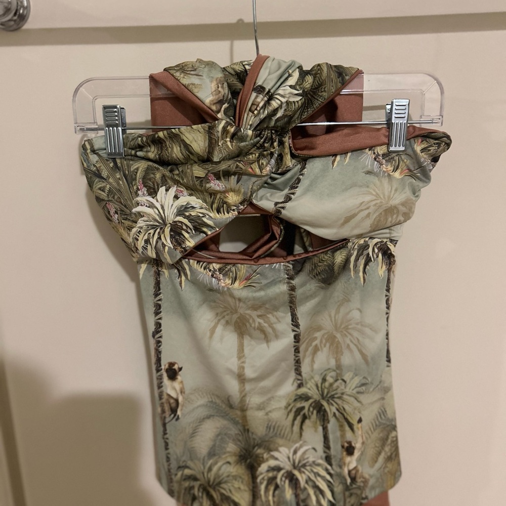 Tropical Palm-Print Strapless One-Piece Swimsuit - Sage/Olive